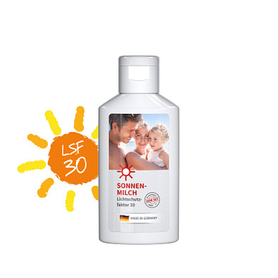 Sonnenmilch LSF 30, inkl. Druck auf Body Label, 50 ml Flasche, weiß