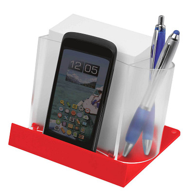 Smartphone-/Tabletständer mit Zettelbox, transparent/rot