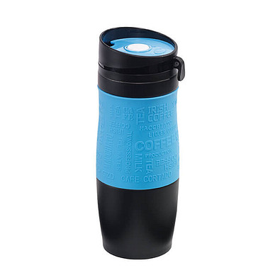 Metall-Isolierbecher Grip, 380 ml, schwarz/hellblau