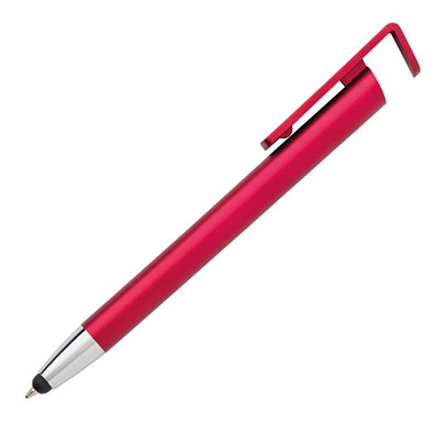 Touch-Kugelschreiber mit Handyhalter, blaue Mine, rot-metallic