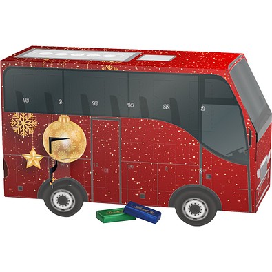 Adventskalender Bus, Lindt Schokotäfelchen, Christbaumkugeln Gold