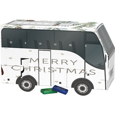Adventskalender Bus, Lindt Schokotäfelchen, Tannenzweige