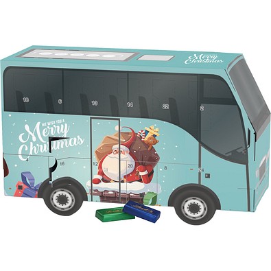 Adventskalender Bus, Lindt Schokotäfelchen, Weihnachtsmann im Kamin