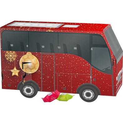 Adventskalender Bus, Ritter SPORT Schokowürfel, Christbaumkugeln Gold
