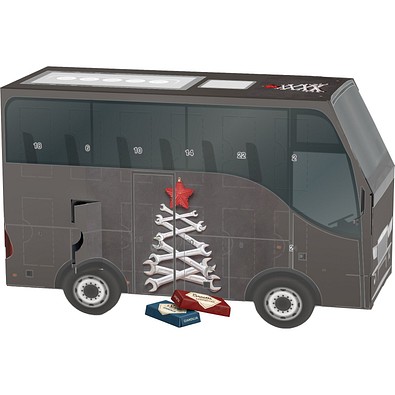 Adventskalender Bus, Sarotti Schokotäfelchen, Schraubenschlüssel-Tanne