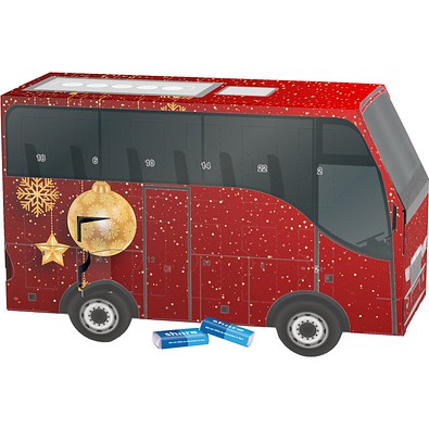 Adventskalender Bus, share Schokotäfelchen, Christbaumkugeln Gold