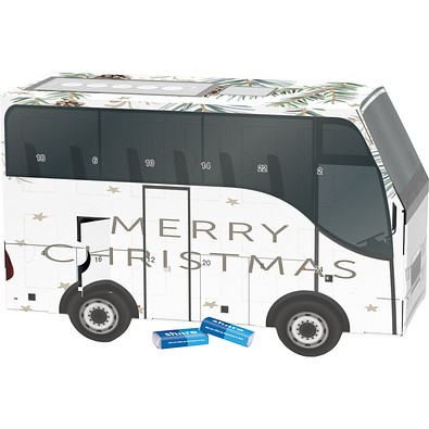 Adventskalender Bus, share Schokotäfelchen, Tannenzweige