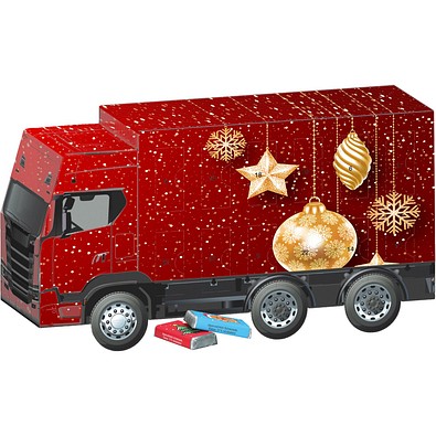 Adventskalender LKW,  Alpenmilch-Schokotäfelchen, Christbaumkugeln Gold
