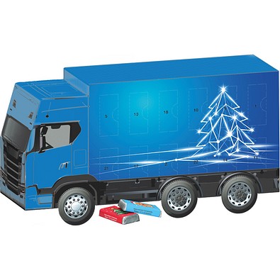 Adventskalender LKW,  Alpenmilch-Schokotäfelchen, LED Tanne
