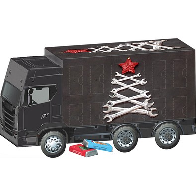 Adventskalender LKW,  Alpenmilch-Schokotäfelchen, Schraubenschlüssel-Tanne