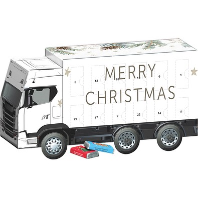 Adventskalender LKW,  Alpenmilch-Schokotäfelchen, Tannenzweige