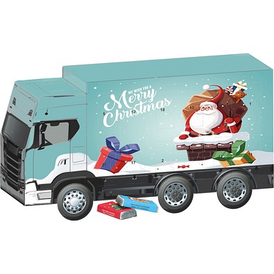 Adventskalender LKW,  Alpenmilch-Schokotäfelchen, Weihnachtsmann im Kamin