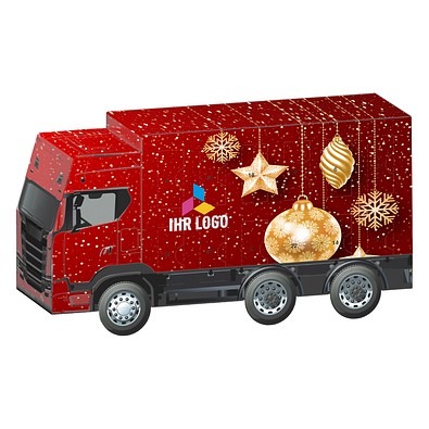 Adventskalender LKW, Lindt Schokotäfelchen, Christbaumkugeln Gold