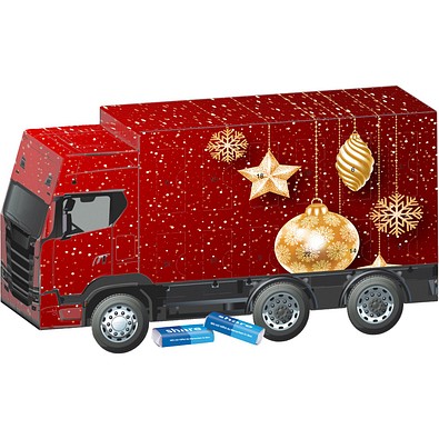 Adventskalender LKW, share Schokotäfelchen, Christbaumkugeln Gold