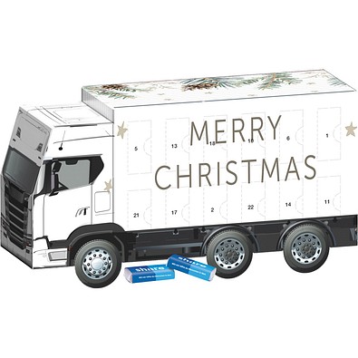 Adventskalender LKW, share Schokotäfelchen, Tannenzweige