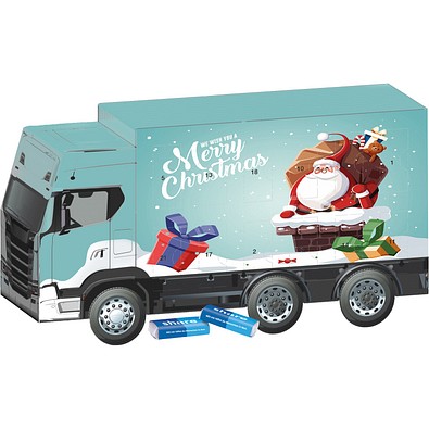 Adventskalender LKW, share Schokotäfelchen, Weihnachtsmann im Kamin