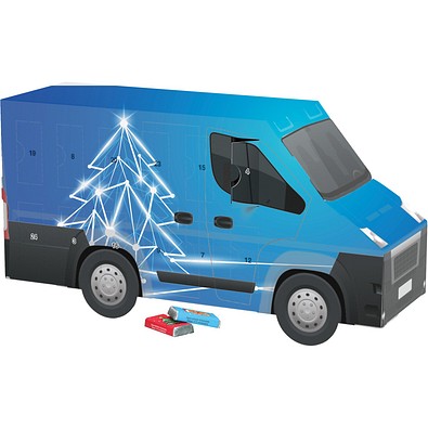 Adventskalender Transporter, Alpenmilch-Schokotäfelchen, LED Tanne