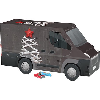 Adventskalender Transporter, Alpenmilch-Schokotäfelchen, Schraubenschlüssel-Tanne