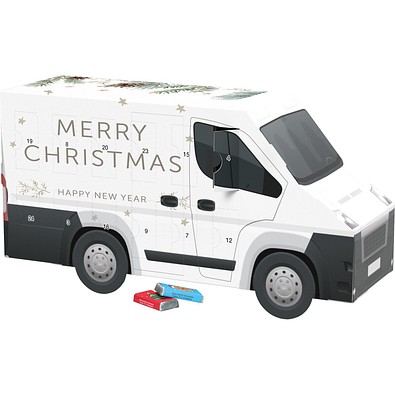 Adventskalender Transporter, Alpenmilch-Schokotäfelchen, Tannenzweige