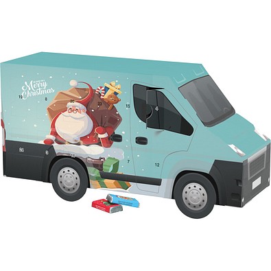 Adventskalender Transporter, Alpenmilch-Schokotäfelchen, Weihnachtsmann im Kamin