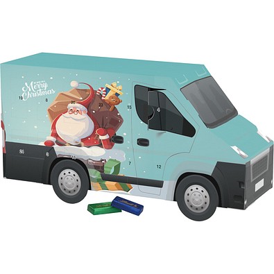 Adventskalender Transporter, Lindt Schokotäfelchen, Weihnachtsmann im Kamin