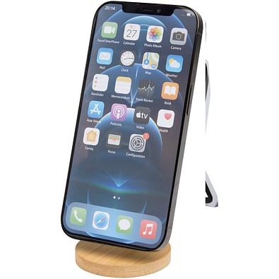 Alcor Klappbare magnetische Smartphonehalterung aus recyceltem Kunststoff mit Bambusdetails, weiss