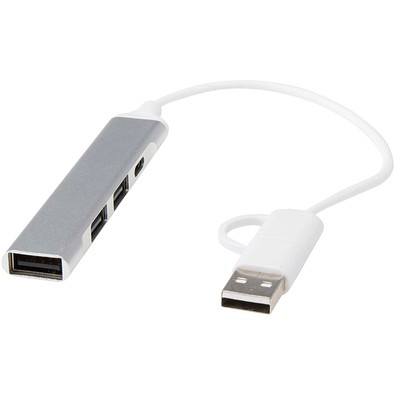 Alkaid 4 Port Hub aus recyceltem Aluminium mit USB-A- und Typ-C-Anschlüssen und zwei Eingängen, silber
