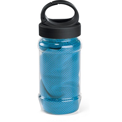 ARTX PLUS. Sporthandtuch aus Polyamid und Polyester mit Flasche (440 mL) aus PP und PET und einem integrierten Karabinerhaken am Deckel, Hellblau