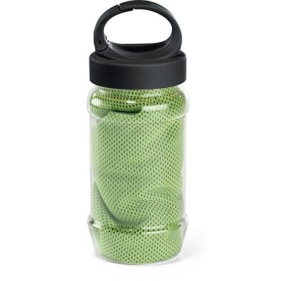 ARTX PLUS. Sporthandtuch aus Polyamid und Polyester mit Flasche (440 mL) aus PP und PET und einem integrierten Karabinerhaken am Deckel, Hellgrün