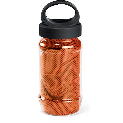 ARTX PLUS. Sporthandtuch aus Polyamid und Polyester mit Flasche (440 mL) aus PP und PET und einem integrierten Karabinerhaken am Deckel, Orange