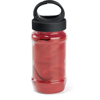 ARTX PLUS. Sporthandtuch aus Polyamid und Polyester mit Flasche (440 mL) aus PP und PET und einem integrierten Karabinerhaken am Deckel, Rot