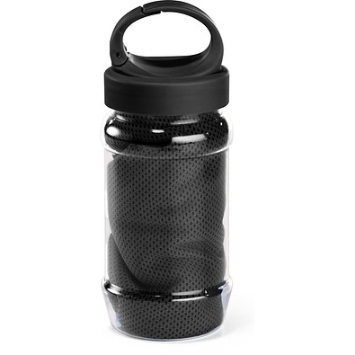 ARTX PLUS. Sporthandtuch aus Polyamid und Polyester mit Flasche (440 mL) aus PP und PET und einem integrierten Karabinerhaken am Deckel, Schwarz