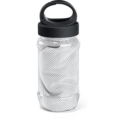 ARTX PLUS. Sporthandtuch aus Polyamid und Polyester mit Flasche (440 mL) aus PP und PET und einem integrierten Karabinerhaken am Deckel, Weiß