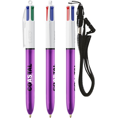 BIC® 4 Colours® Shine mit Lanyard-Kugelschreiber Weiß/Lilametallic