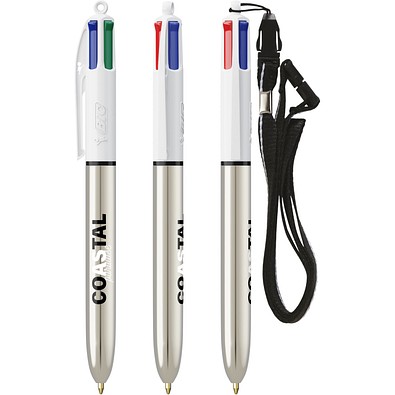 BIC® 4 Colours® Shine mit Lanyard-Kugelschreiber Weiß/Silbermetallic