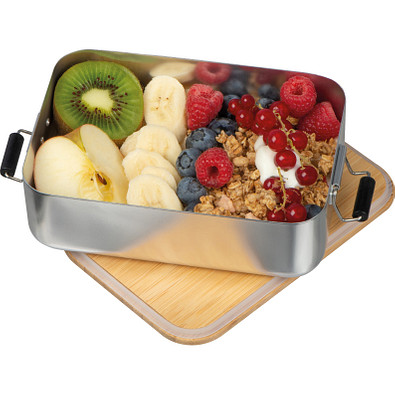 Brotzeitbox aus Aluminium mit Bambusdeckel , grau