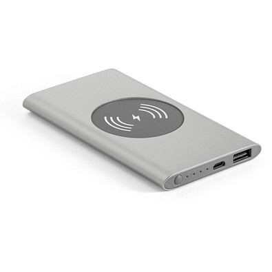 CASSINI. Powerbank 4'000 mAh mit 5W wireless Ladegerät aus Recyceltes Aluminium (100 % rAL), Satinsilber