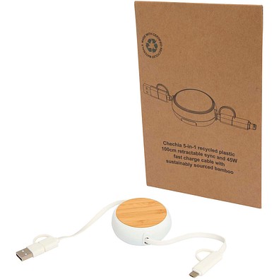 Chechia 100cm 5-in-1 Kabel aus recyceltem Kunststoff, einziehbar, für Datenübertragung und 45W Schnellladung mit Bambusdetails, weiss