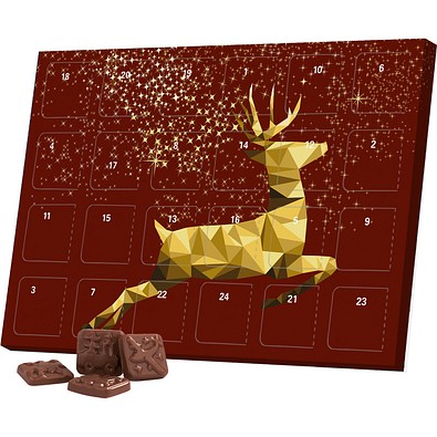 Classic Tisch Adventskalender, Blister gefüllt, Alpenmilch Schokotäfelchen, Rentier, Gold