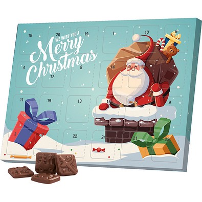 Classic Tisch Adventskalender, Blister gefüllt, Alpenmilch Schokotäfelchen, Weihnachtsmann im Kamin
