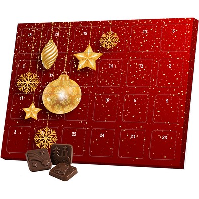 Classic Tisch Adventskalender, Blister gefüllt mit kakaofreier Schokoladen-Alternative, Christbaumkugeln Gold