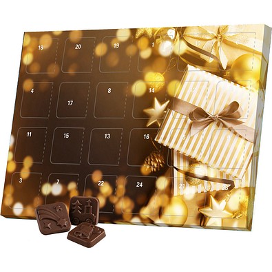 Classic Tisch Adventskalender, Blister gefüllt mit kakaofreier Schokoladen-Alternative, Gold-Paket