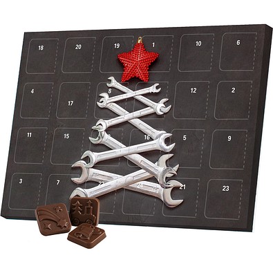 Classic Tisch Adventskalender, Blister gefüllt mit kakaofreier Schokoladen-Alternative, Schraubenschlüssel-Tanne