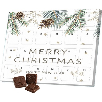 Classic Tisch Adventskalender, Blister gefüllt mit kakaofreier Schokoladen-Alternative, Tannenzweige