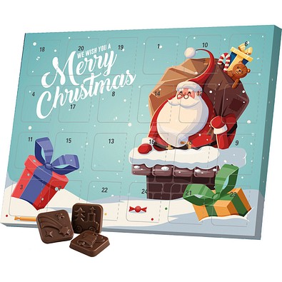 Classic Tisch Adventskalender, Blister gefüllt mit kakaofreier Schokoladen-Alternative, Weihnachtsmann im Kamin