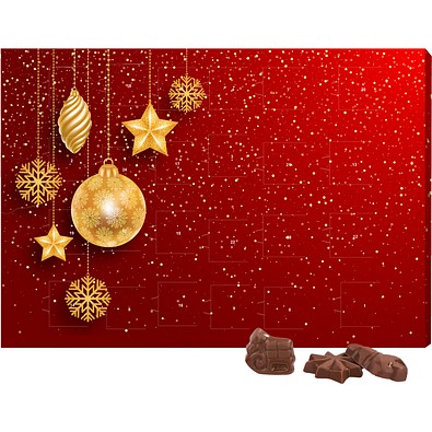 Classic Wand Adventskalender, Querformat, gefüllt mit Friedel Schokolade, Christbaumkugeln Gold