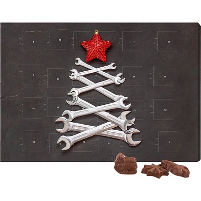 Classic Wand Adventskalender, Querformat, gefüllt mit Friedel Schokolade, Schraubenschlüssel-Tanne