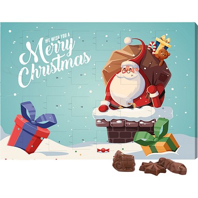 Classic Wand Adventskalender, Querformat, gefüllt mit Friedel Schokolade, Weihnachtsmann im Kamin