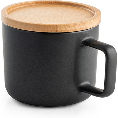 FANGIO. Tasse aus Keramik 220ml mit Deckel aus Bambus, der als Untersetzer dient, Schwarz