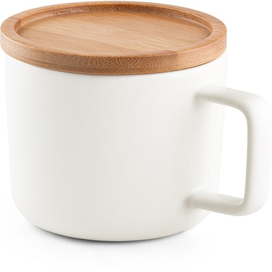FANGIO. Tasse aus Keramik 220ml mit Deckel aus Bambus, der als Untersetzer dient, Weiß